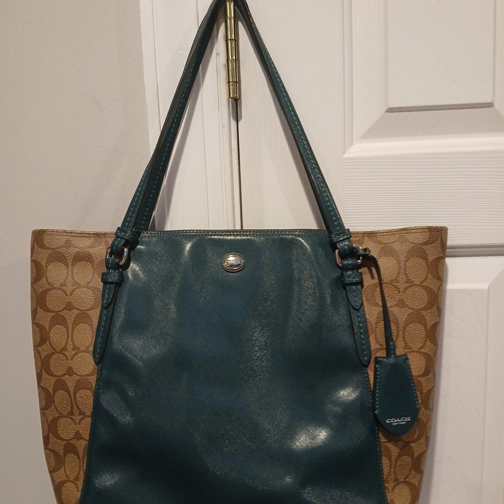 Coach Teal and Tan Signature Tote Bag